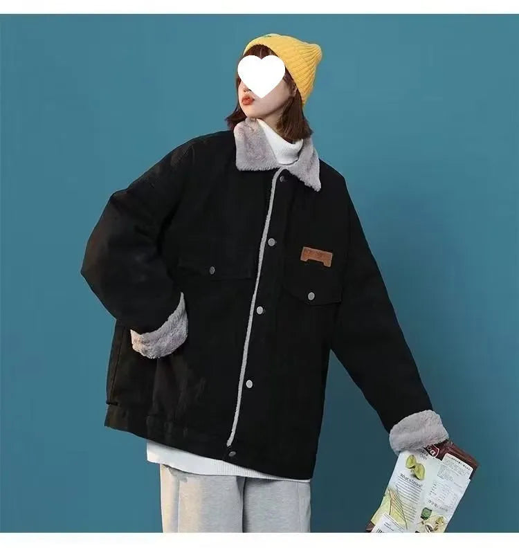Hong Kong style denim jacket with lamb fur for women, blue, long sleeves, literary retro design