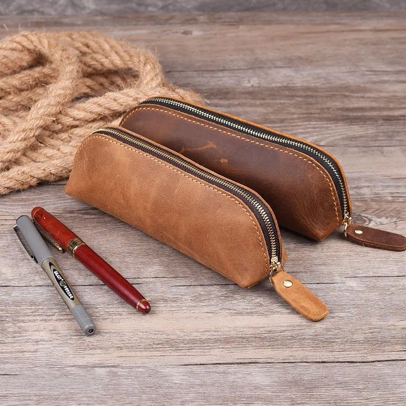 Handmade square leather pencil case with zipper closure measuring 18cm long in black cowhide