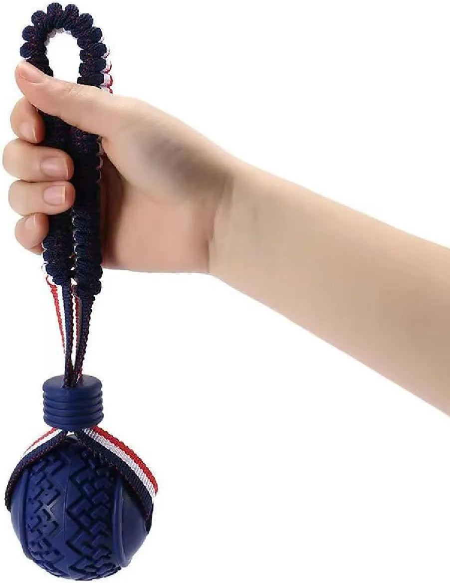 Blue dog ball with attached rope, showing textured surface and total length of 29 cm.