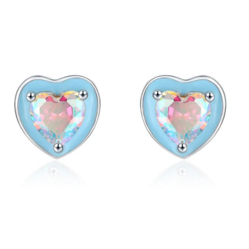 S925 sterling silver heart-shaped stud earrings with colourful zircon mosaic and epoxy accents on silver background