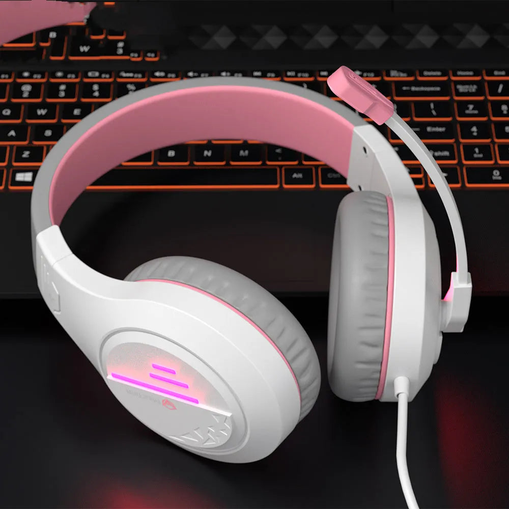 Lightweight wired gaming headset with adjustable headband and backlit speakers in black orange colour