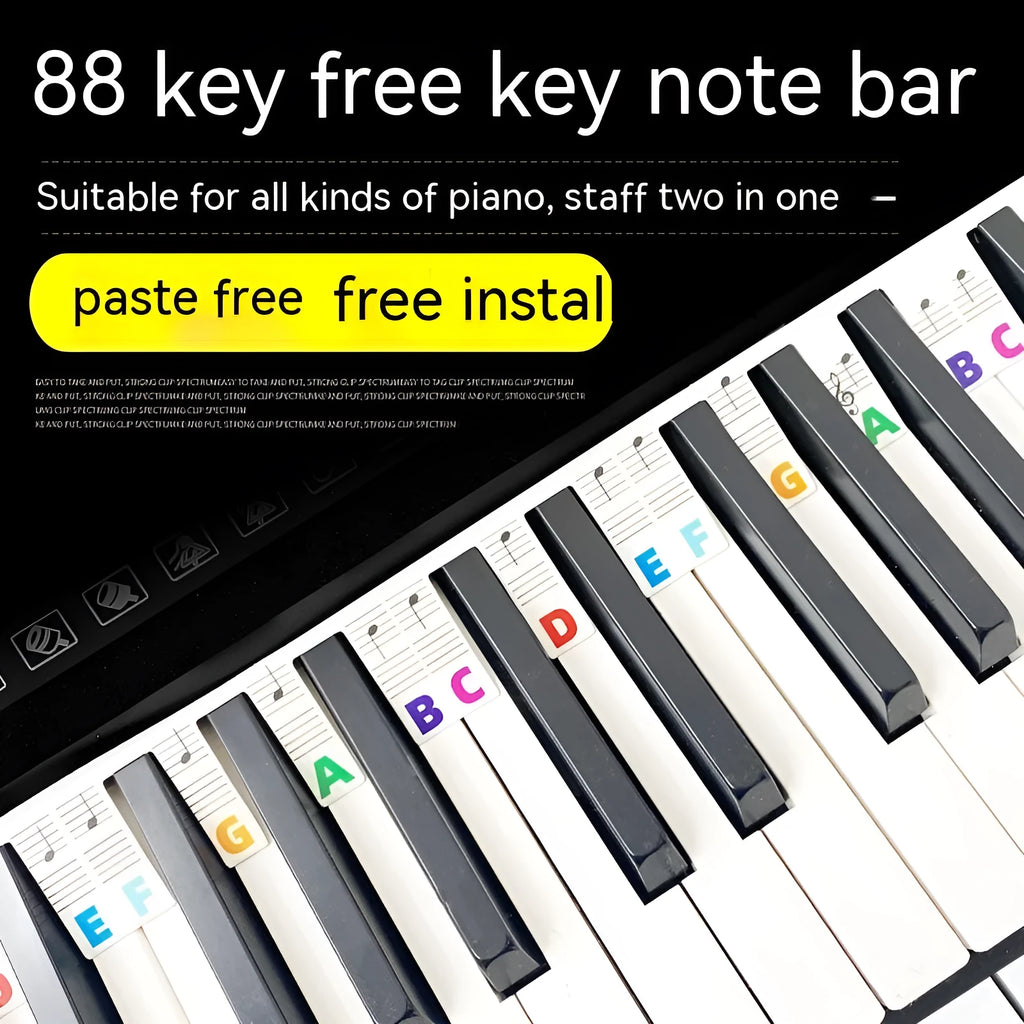 White cardboard piano note stickers for 88-key keyboards with black notes and colour bars in separate bags