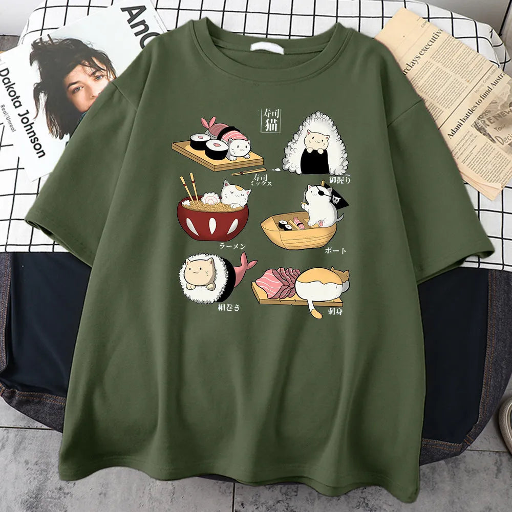 Men's black cotton t-shirt with cute cartoon cat sushi design, loose fit short sleeves