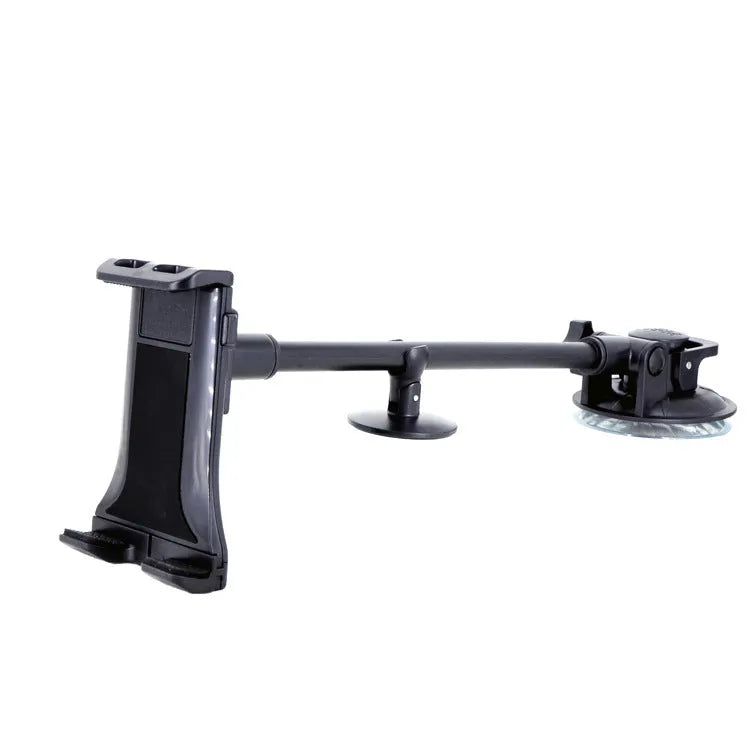Black vehicle-mounted lifting bracket with long suction cup for 4-12 inch tablets and phones.