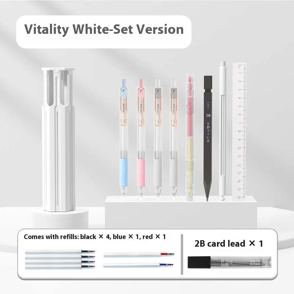 Six pens pencil case kit with pressing pen in plastic construction