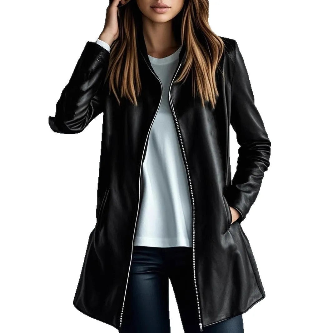 Women's black polyester leather jacket medium length 65cm shown on hanger