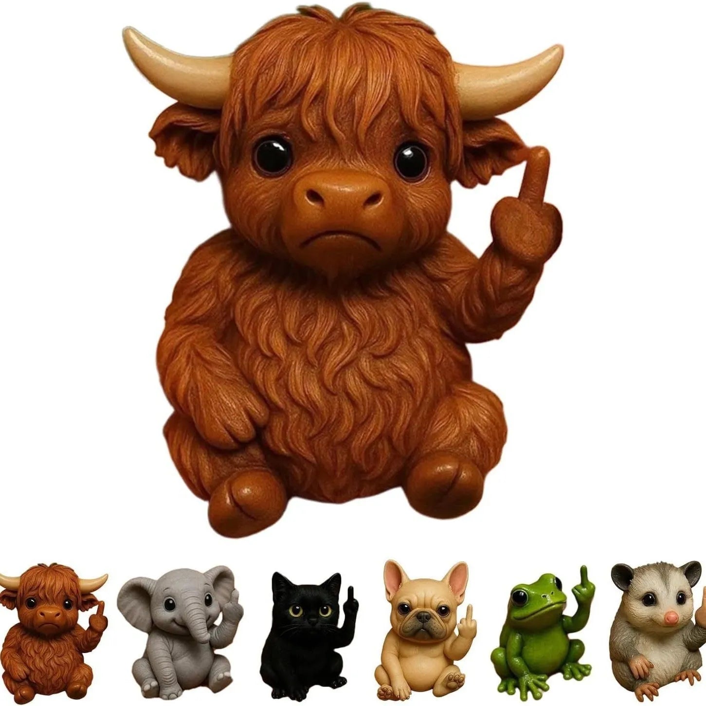 Mini animal-themed vertical middle finger doll ornament in resin and plastic on a desk.
