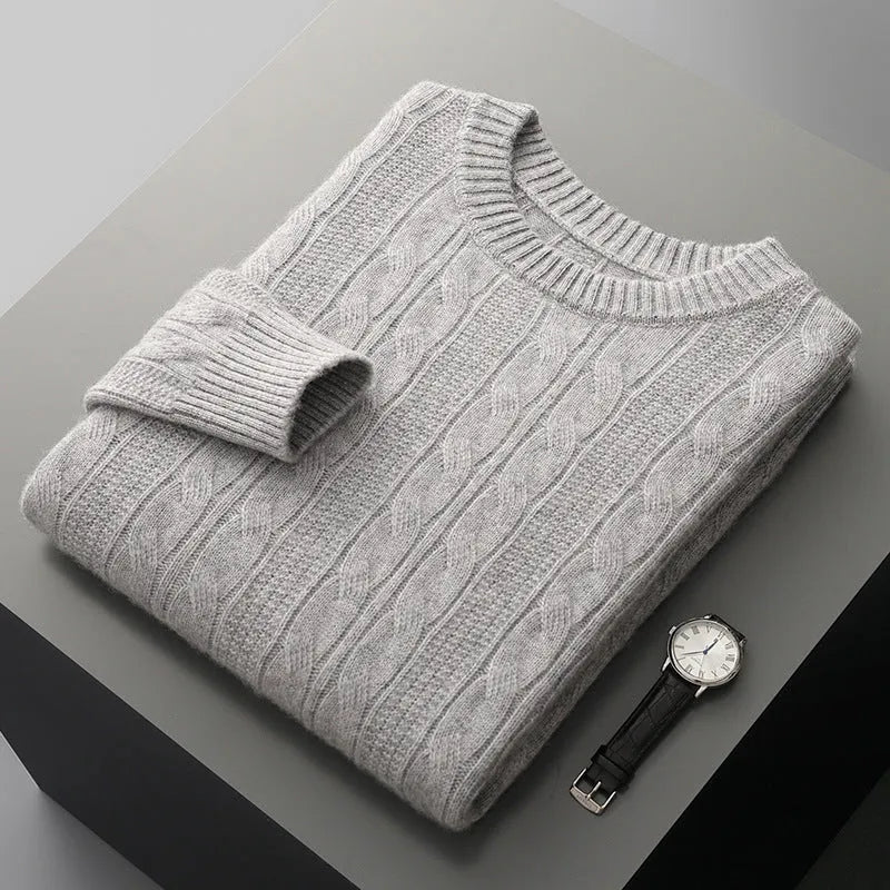 Men's double-strand thickened jacquard knitted sweater in raw velvet camel, loose fit pullover with long sleeves and textured knit pattern.