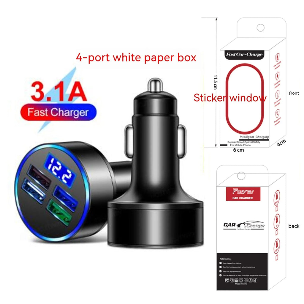 Black four-port USB car charger with cigarette lighter plug for vehicle power socket