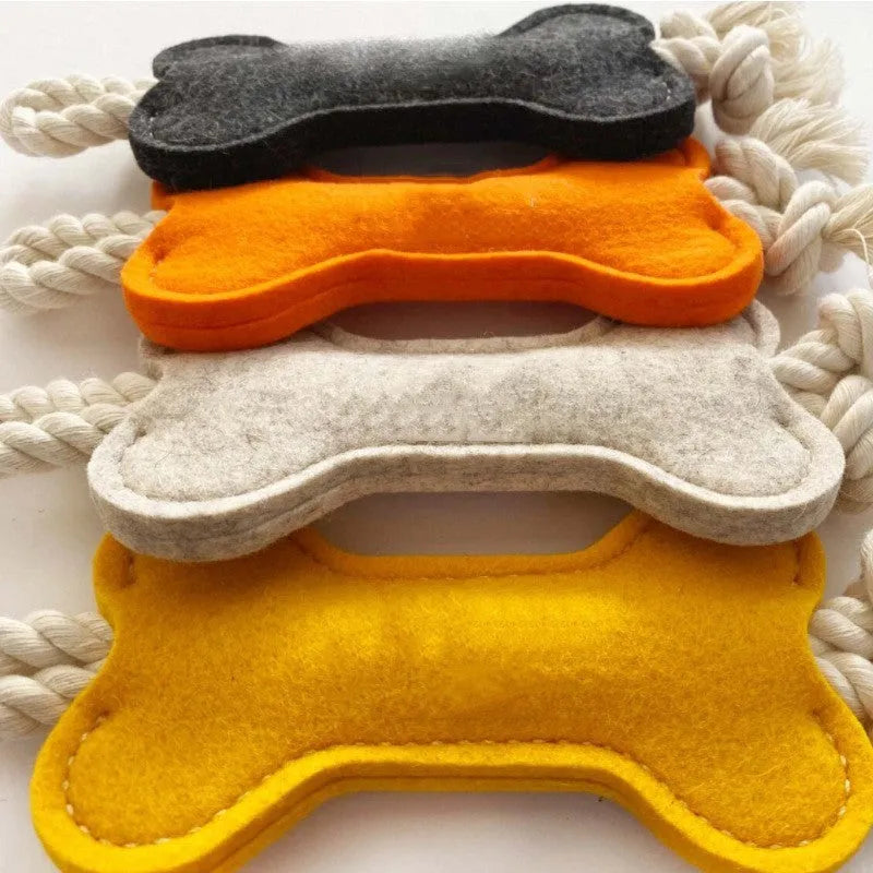 Bone-shaped felt dog toy with rope knot construction, showing black colour option