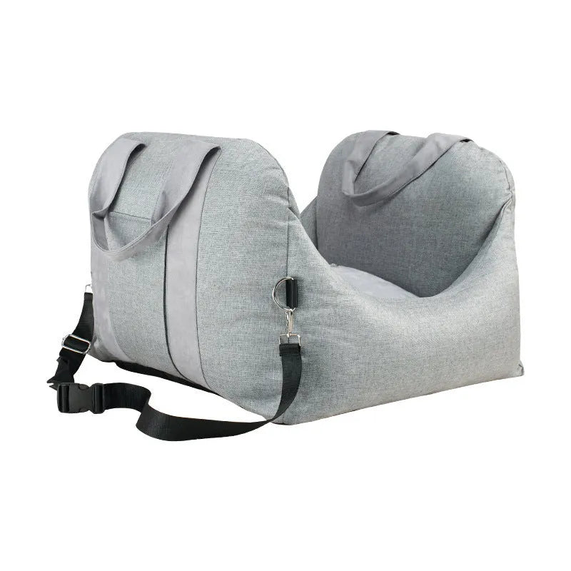Removable washable cloth pet travel mat in light grey for small dogs and cats under 10kg with adjustable snap buckle