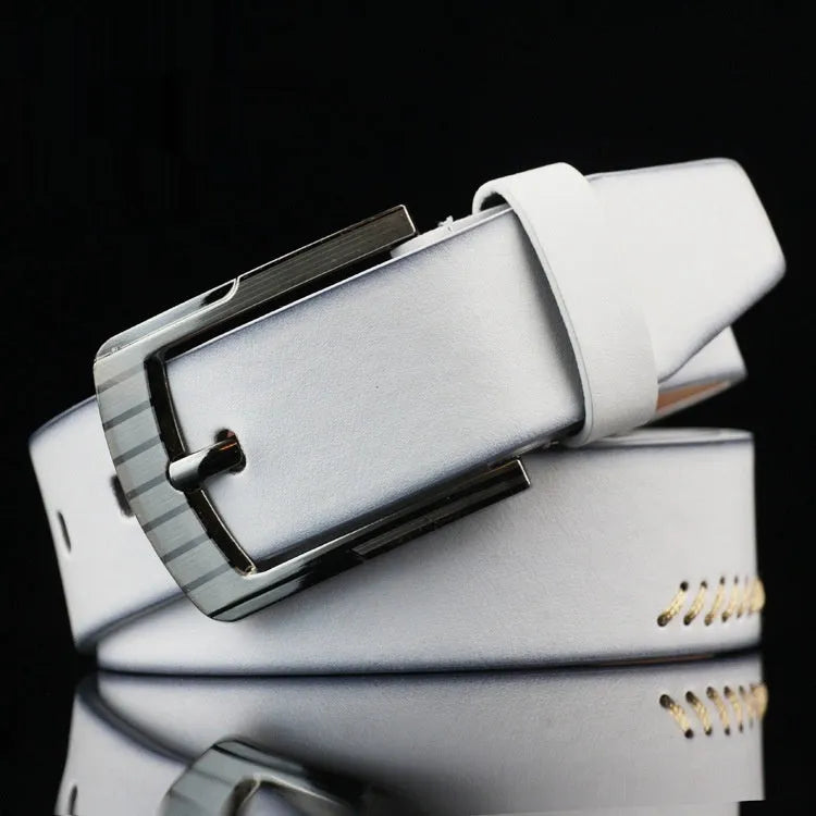 Men's threading pattern casual belt with alloy pin buckle in black colour showing retro design details