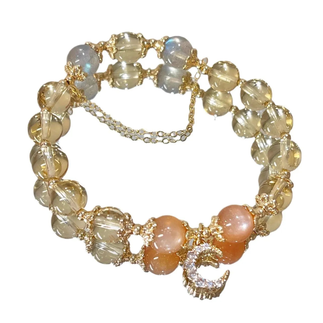 Chinese style moonstone crystal bracelet with 14K gold electroplating and diamond-shaped citrine moon design
