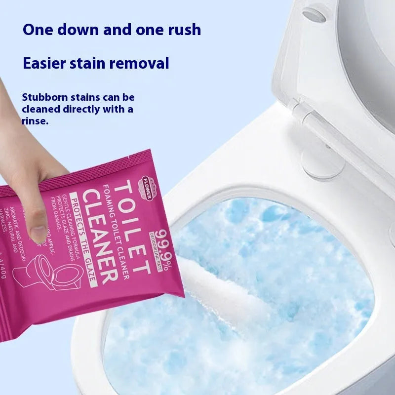 Box and bag of effervescent toilet cleaning powder in blue ocean and pink floral fragrances.
