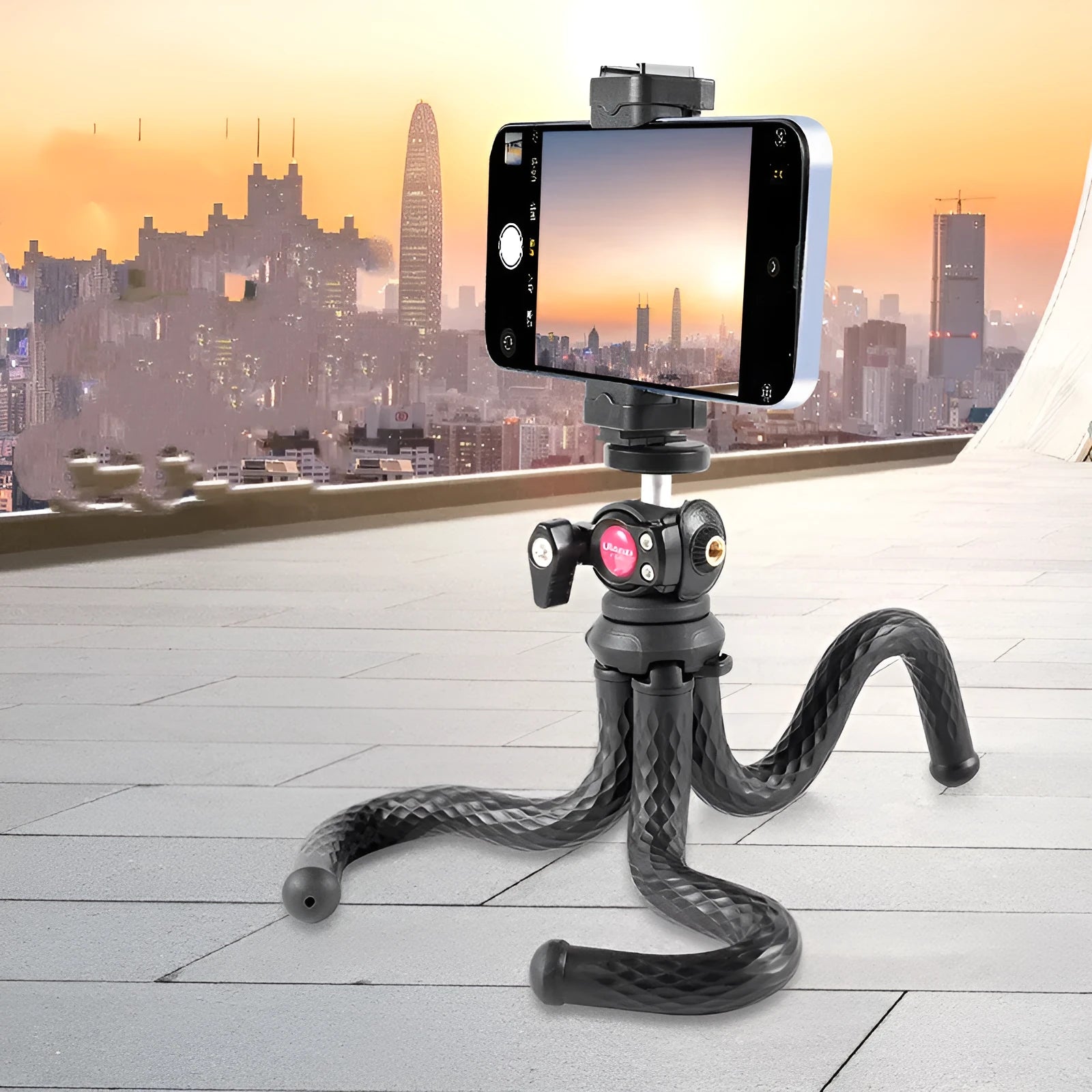 Black octopus-style aluminium alloy mobile phone tripod with adjustable clip, extended to 360mm.