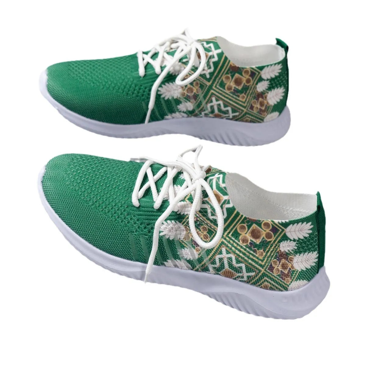 Women's woven flat casual sneakers in green with mesh upper, round toe, front lace-up, and rubber sole