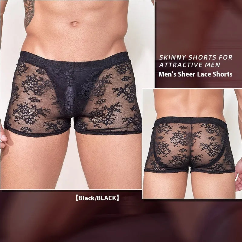 Men's lace boxers in nylon fabric showing black, white, and red colour options