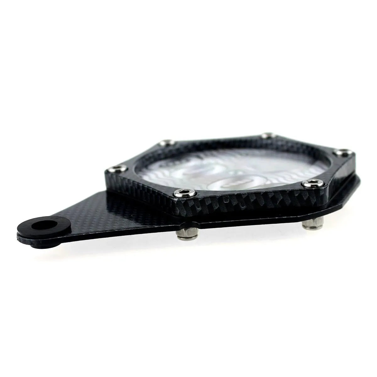 Black carbon fibre pattern motorcycle petrol cap cover seal with anti-theft six-corner screw.
