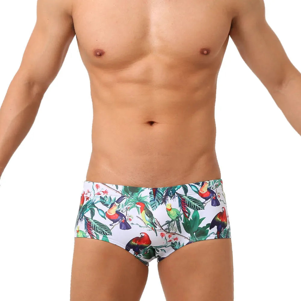 Men's flower-bird print swimming trunks in nylon fabric with cup cover detail