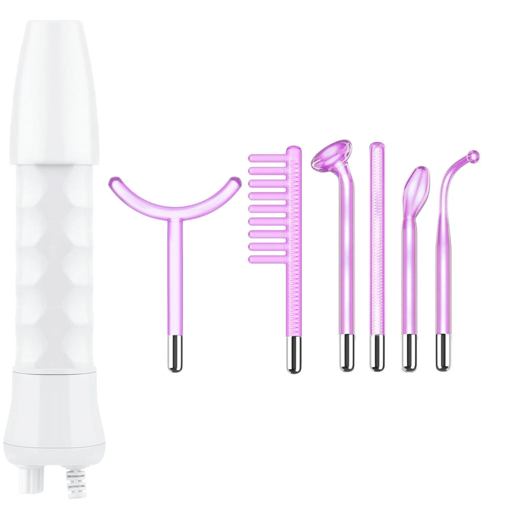 Purple high-frequency electrotherapy rod with six accessory heads for professional skin treatments