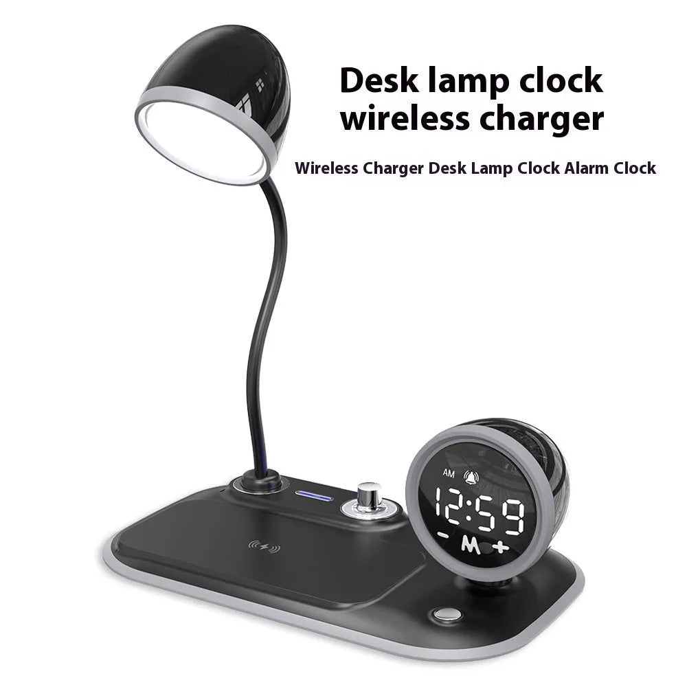 White three-in-one desk lamp with integrated digital clock and wireless charging pad on wooden desktop