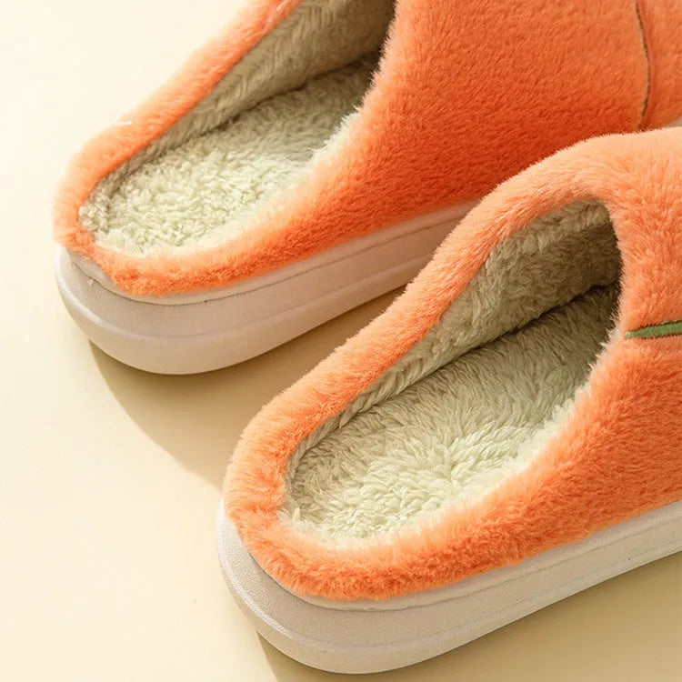 Women's indoor furry slippers in solid colour with plush upper and rubber sole for winter warmth