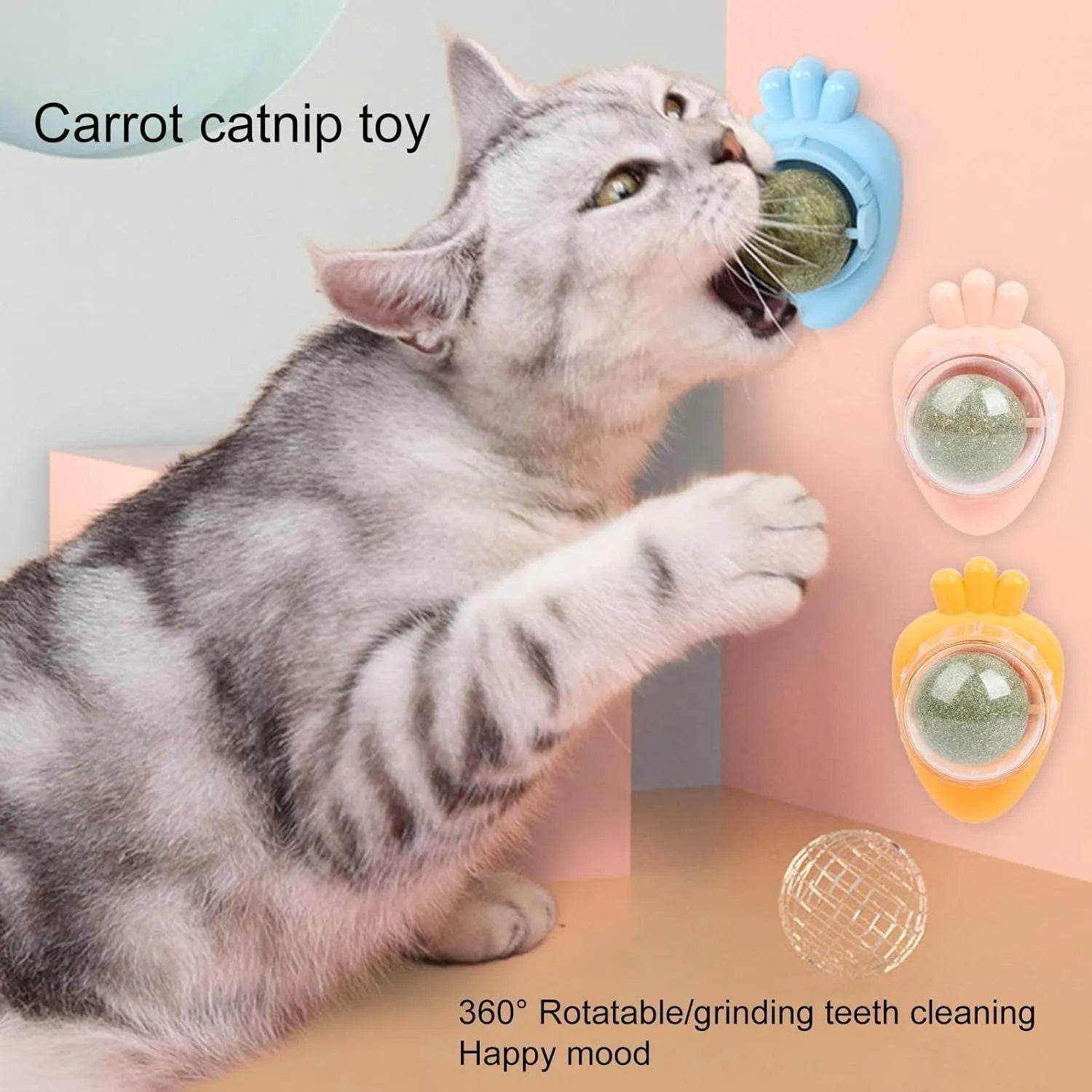 Blue carrot-shaped catnip ball toy with self-adhesive backing for wall mounting and cat teeth cleaning