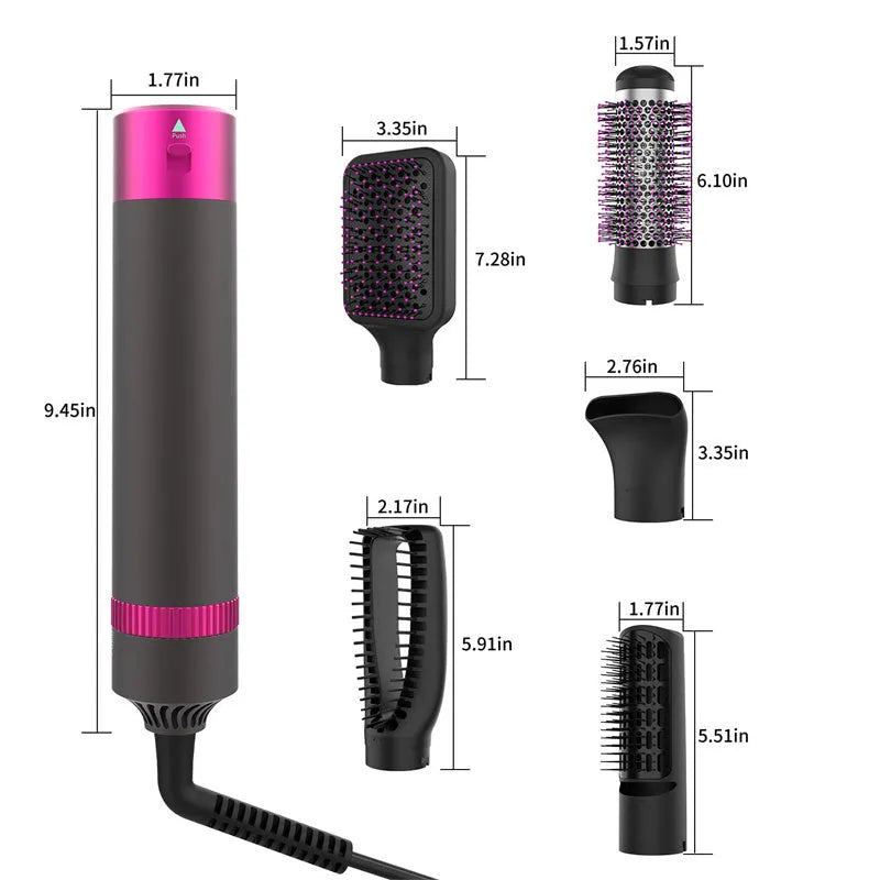Dyson grey 5-in-1 hair dryer brush kit with multiple brush attachments and a 1.8m cord