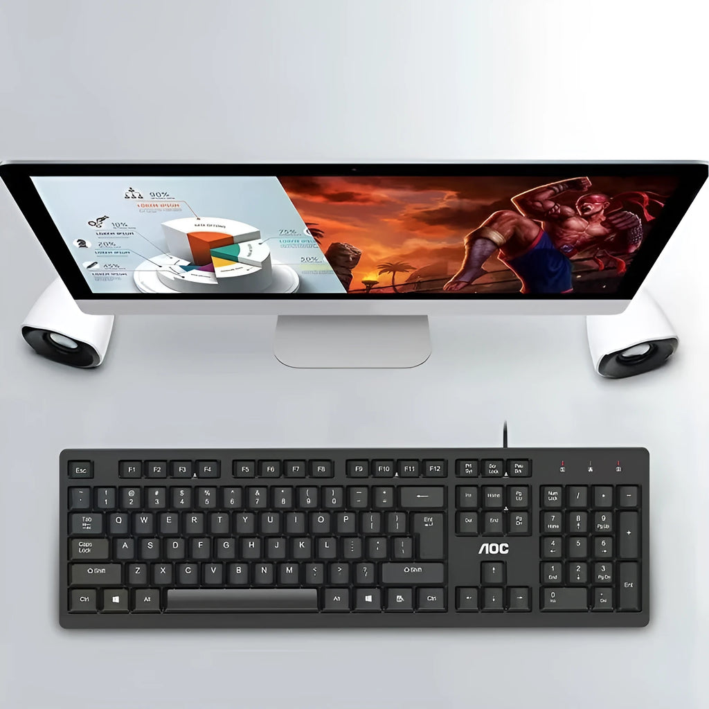 KM160 black wired USB keyboard and mouse set with 1.5m cable on desk