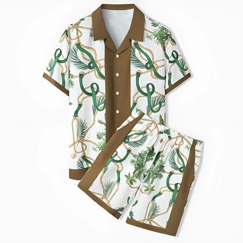 Plaid print beach outfit with short sleeve shirt and matching pants on mannequin