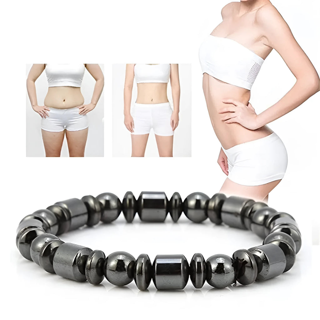 Black pentagram symbol magnetic bracelet with magnetite and hematite stones on a stretch band.