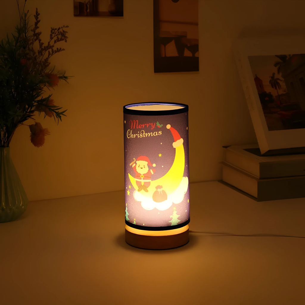 Moon Santa Claus themed LED night light with a bamboo base and a USB plug.