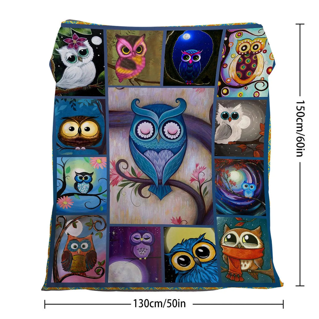 Flannel owl pattern soft fluffy multicoloured blanket in three sizes on a sofa setting