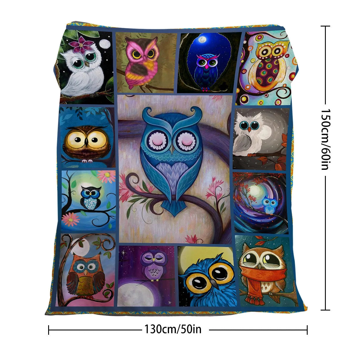 Flannel owl pattern soft fluffy multicoloured blanket in three sizes on a sofa setting