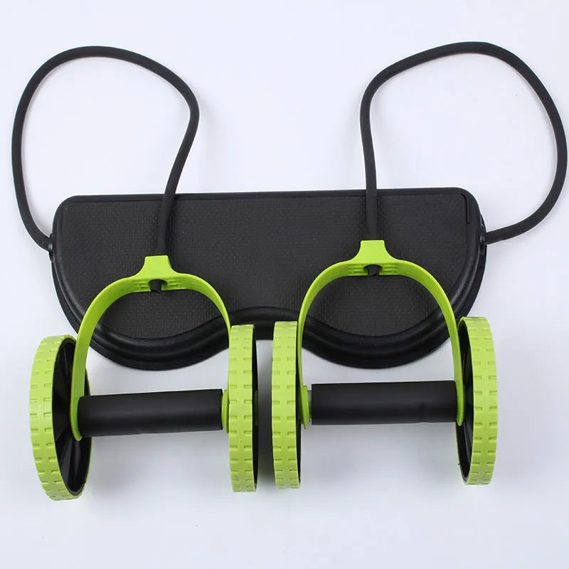 Double-wheeled green abdominal rally wheel with pull rope on floor for core exercises