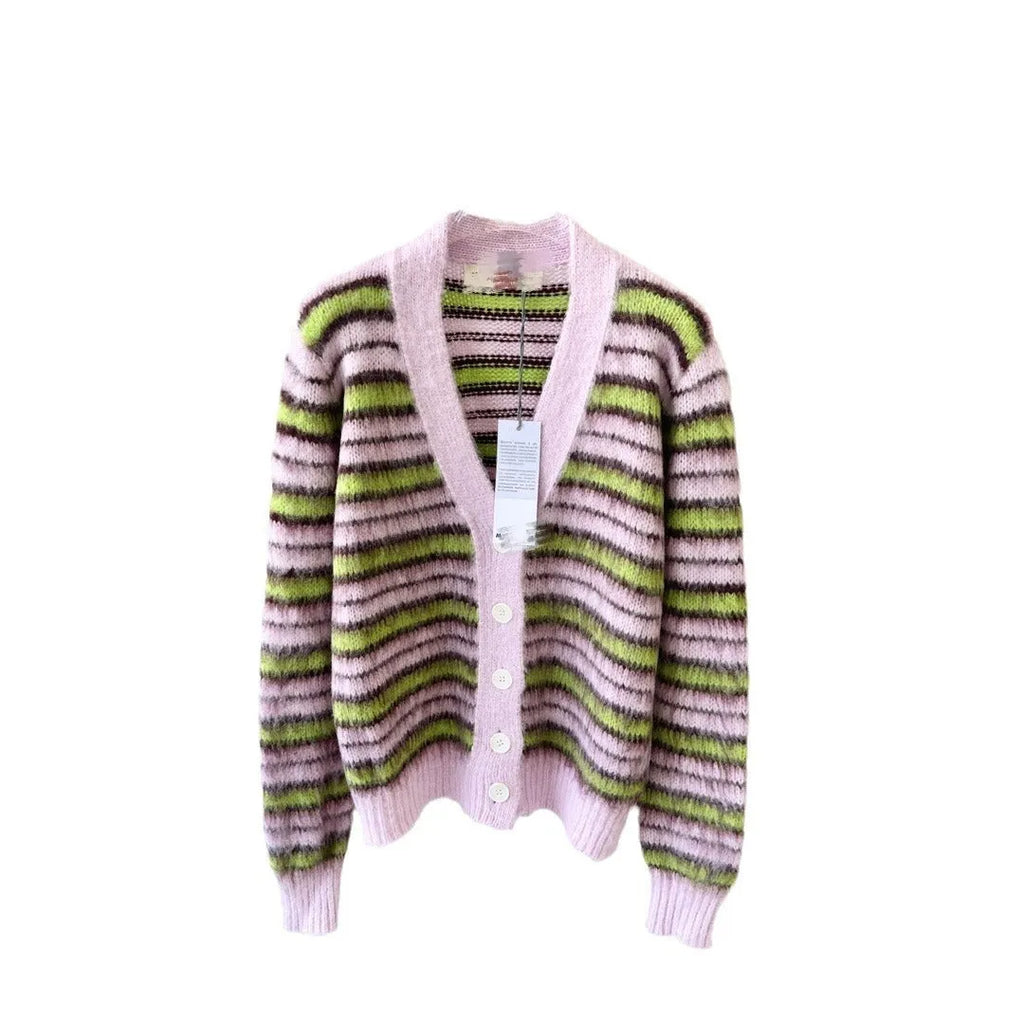 Pink wool knitted cardigan sweater with contrast colour elements and regular sleeves