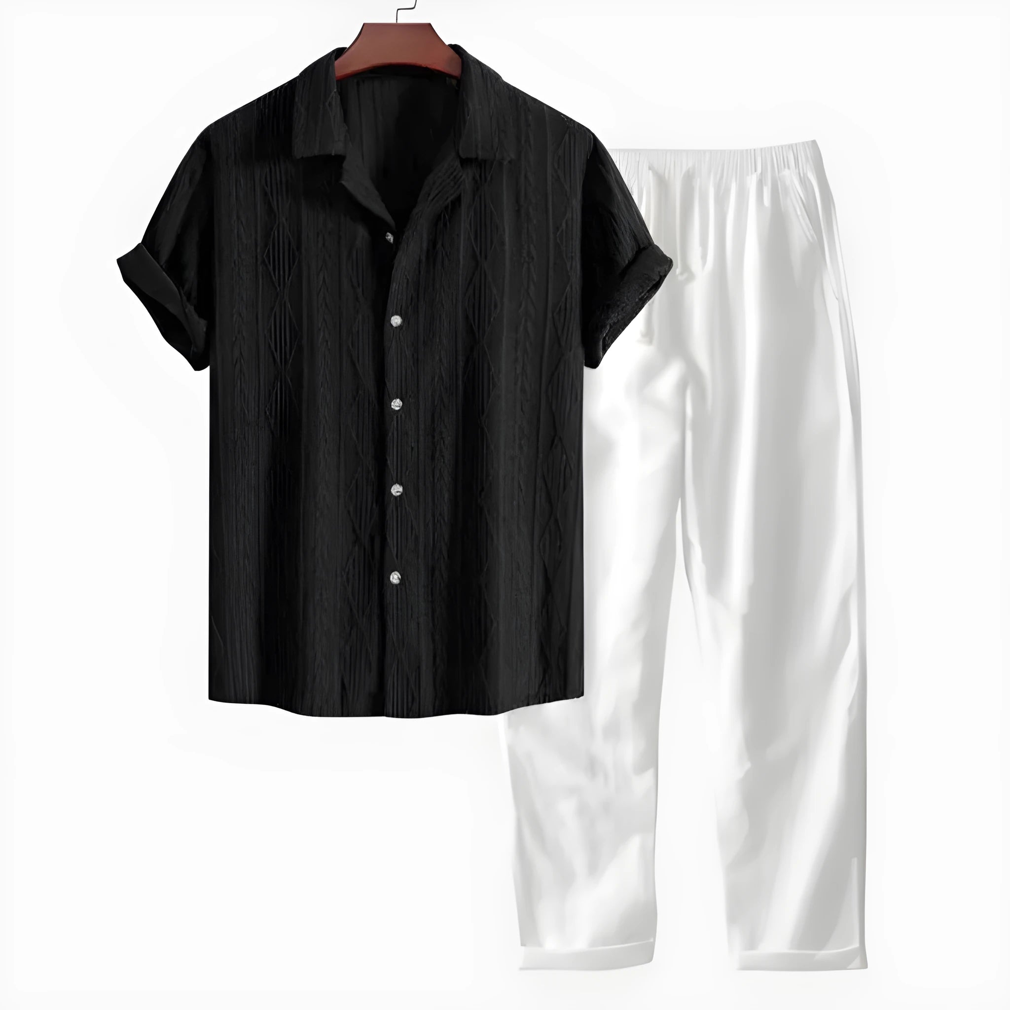 Men's slim fit camouflage print casual suit set with short sleeve shirt and trousers