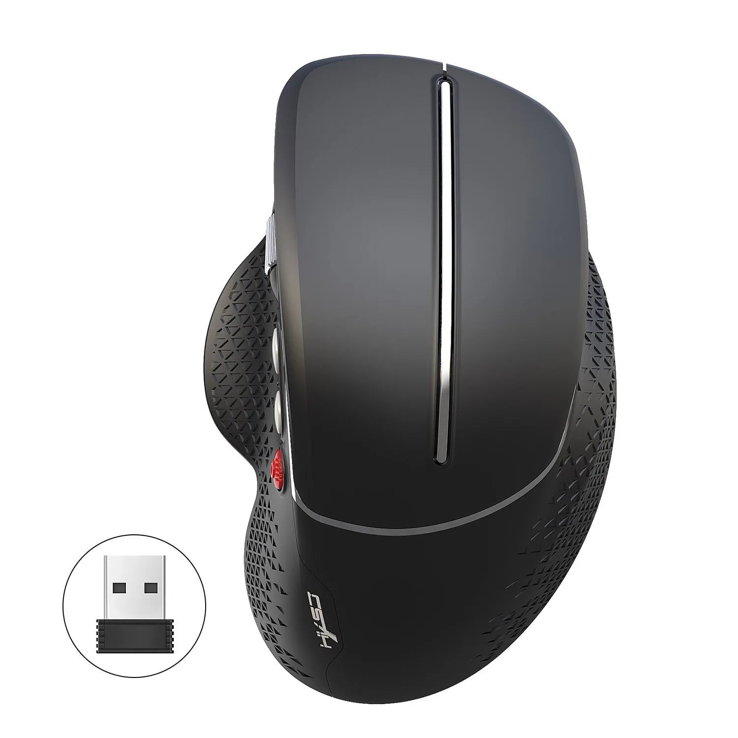 T32 vertical ergonomic wireless mouse in black matte finish showing side grip and aluminium roller.