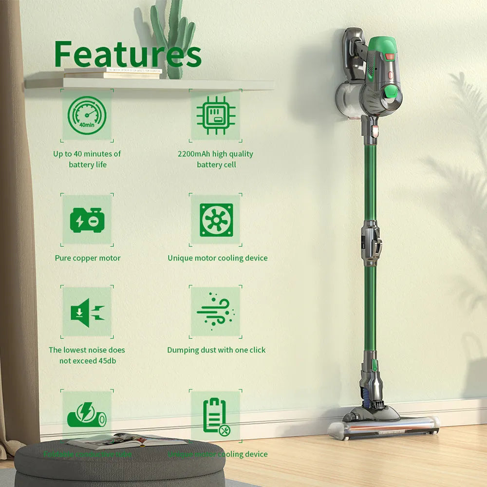 Green handheld wireless vacuum cleaner with foldable tube, 0.5L dust cup, HEPA filter, two-speed suction