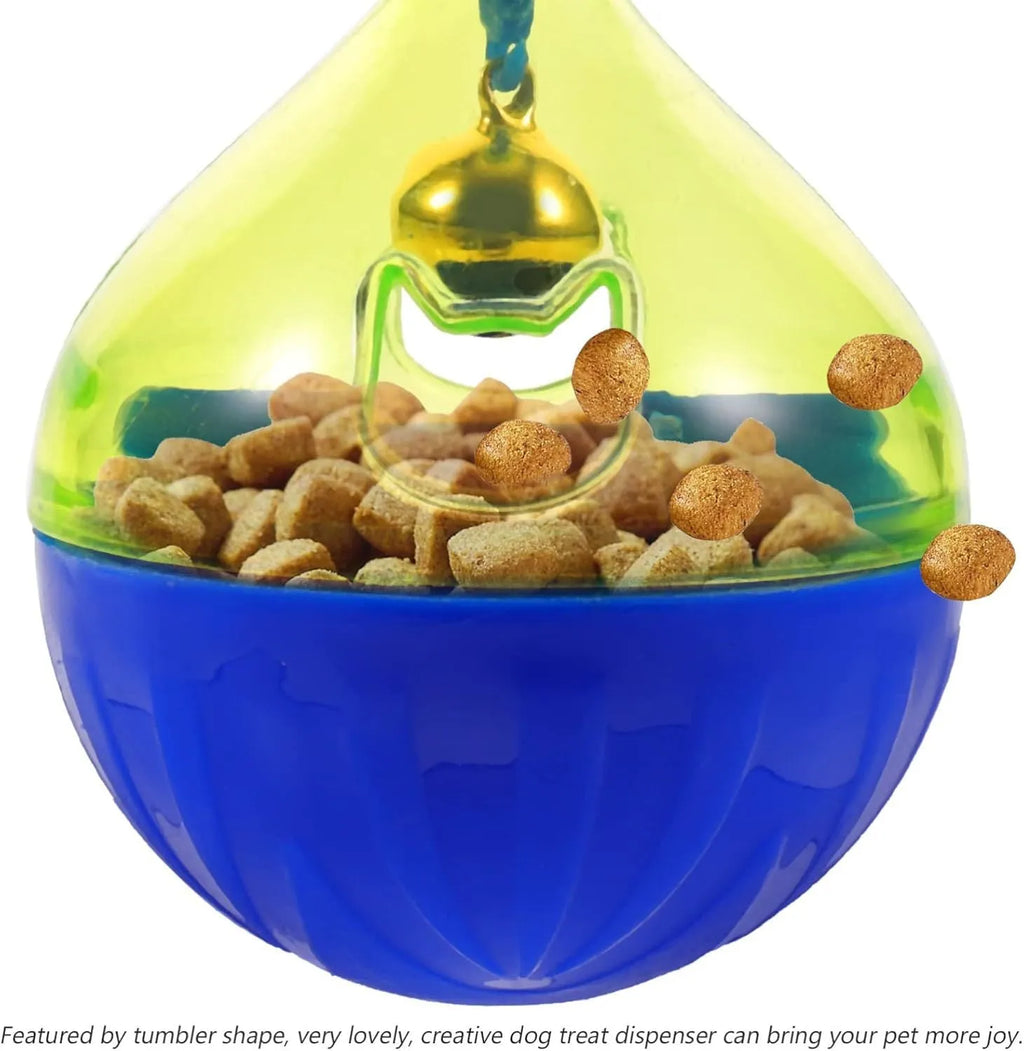 Blue plastic tumbler-shaped pet treat dispenser ball for dogs and cats.
