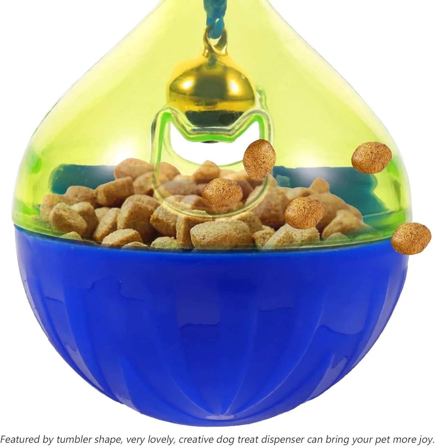 Blue plastic tumbler-shaped pet treat dispenser ball for dogs and cats.