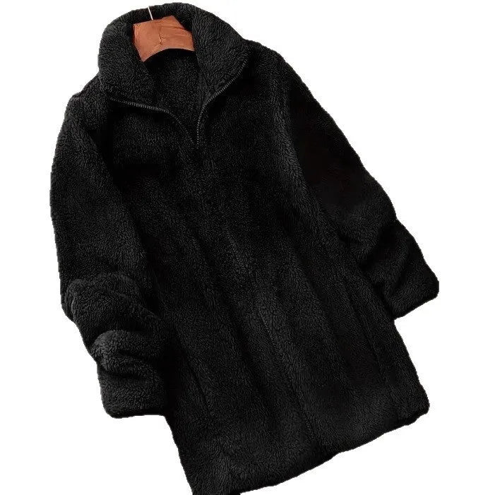 Double-sided fleece outdoor jacket in black colour with zip fastening