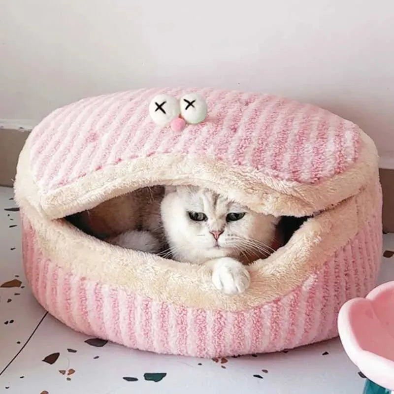 Causeway Braised Sandwich Cat Nest in pink, closed style with lid, 45cm diameter