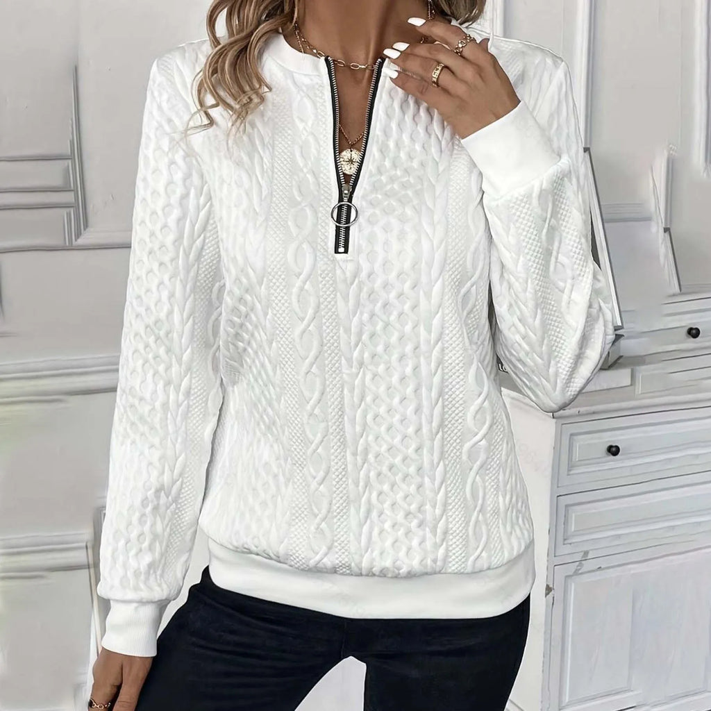 Women's zipper cardigan in apricot with 3D effect pattern, loose fit, and front zipper closure