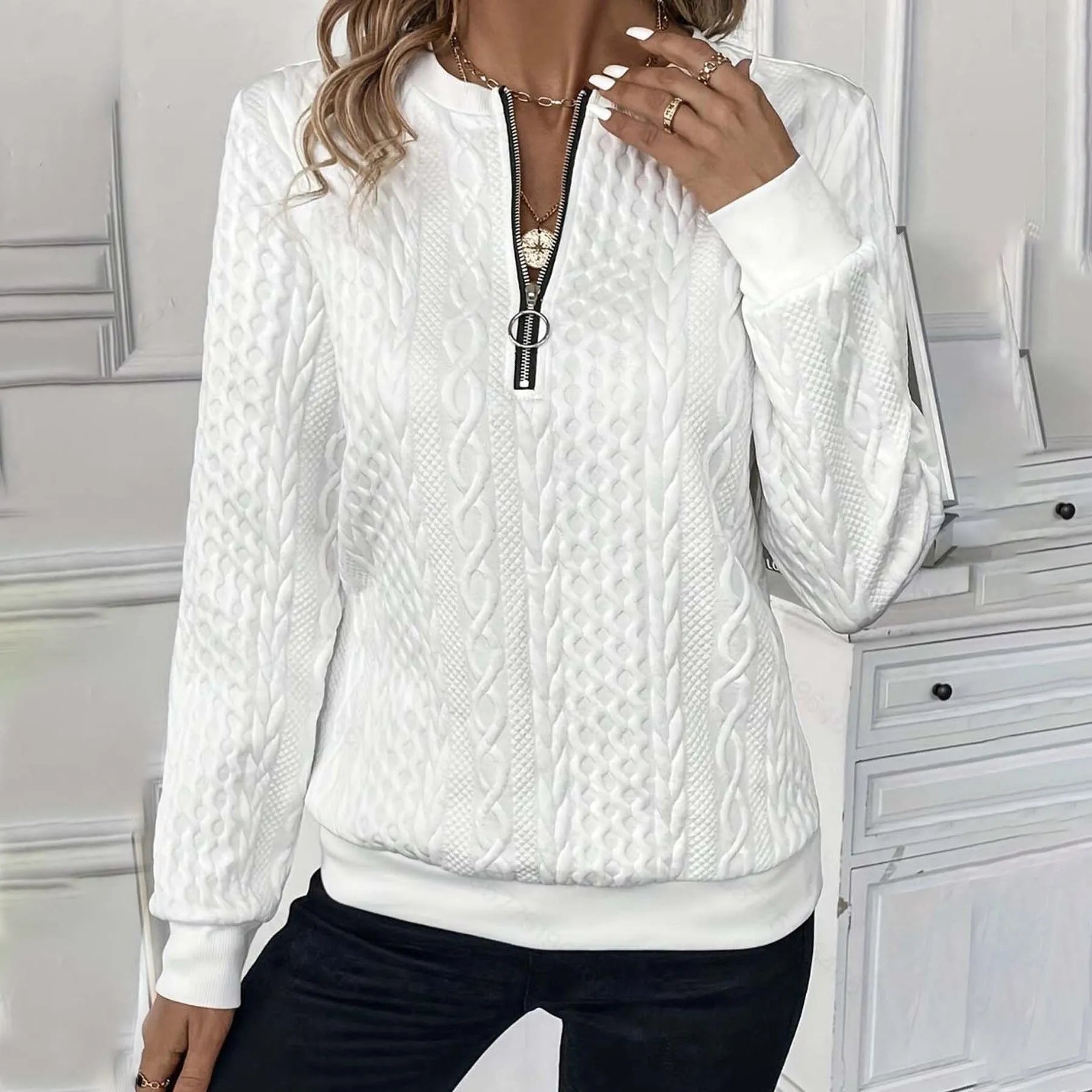 Women's zipper cardigan in apricot with 3D effect pattern, loose fit, and front zipper closure
