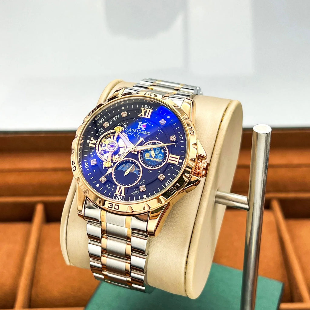 Men's automatic mechanical watch with large black dial and rose gold case.
