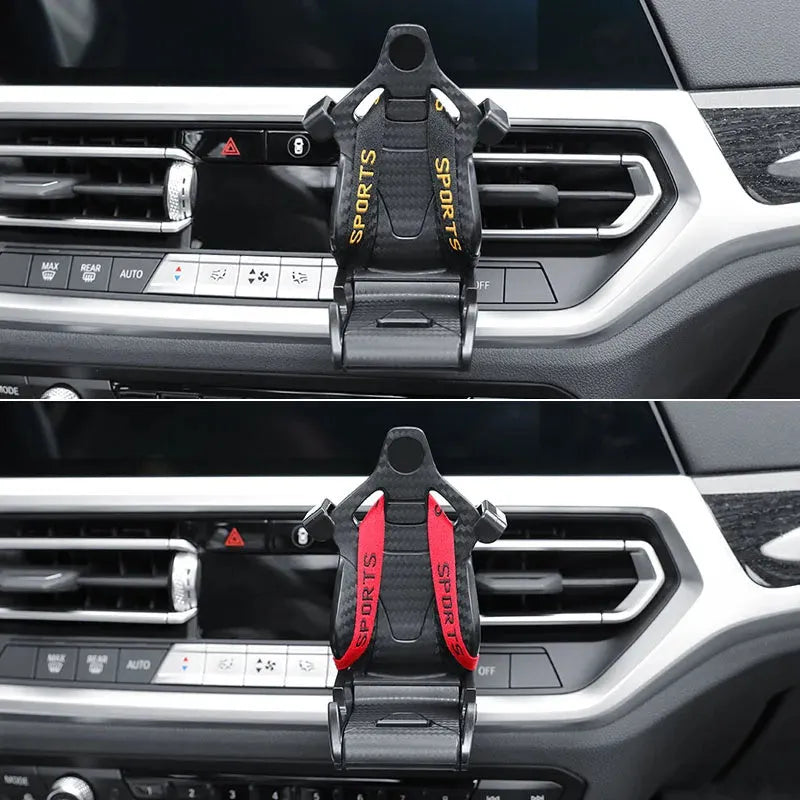 Gold car air vent phone holder with racing seat shape mounted on a car vent, showing 360-degree rotation.