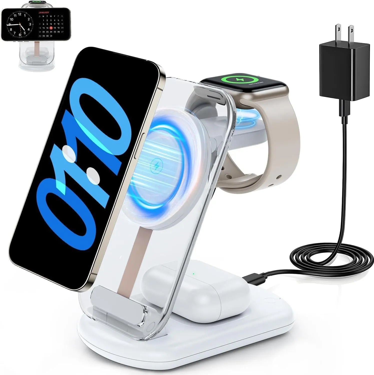 Transparent folding magnetic wireless charger showing internal components, charging an iPhone and AirPods case on a desk.