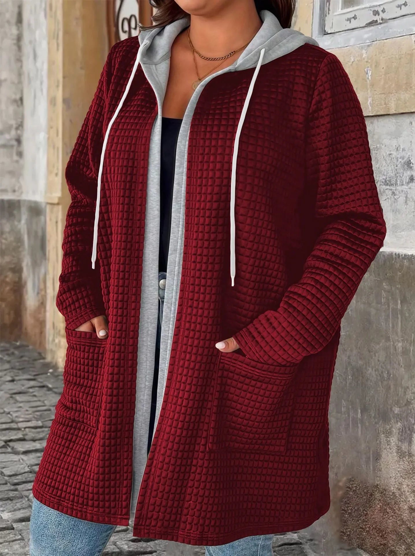 Women's hooded pocket cardigan jacket without buckle, loose fit, solid colour black, thin polyester spandex fabric