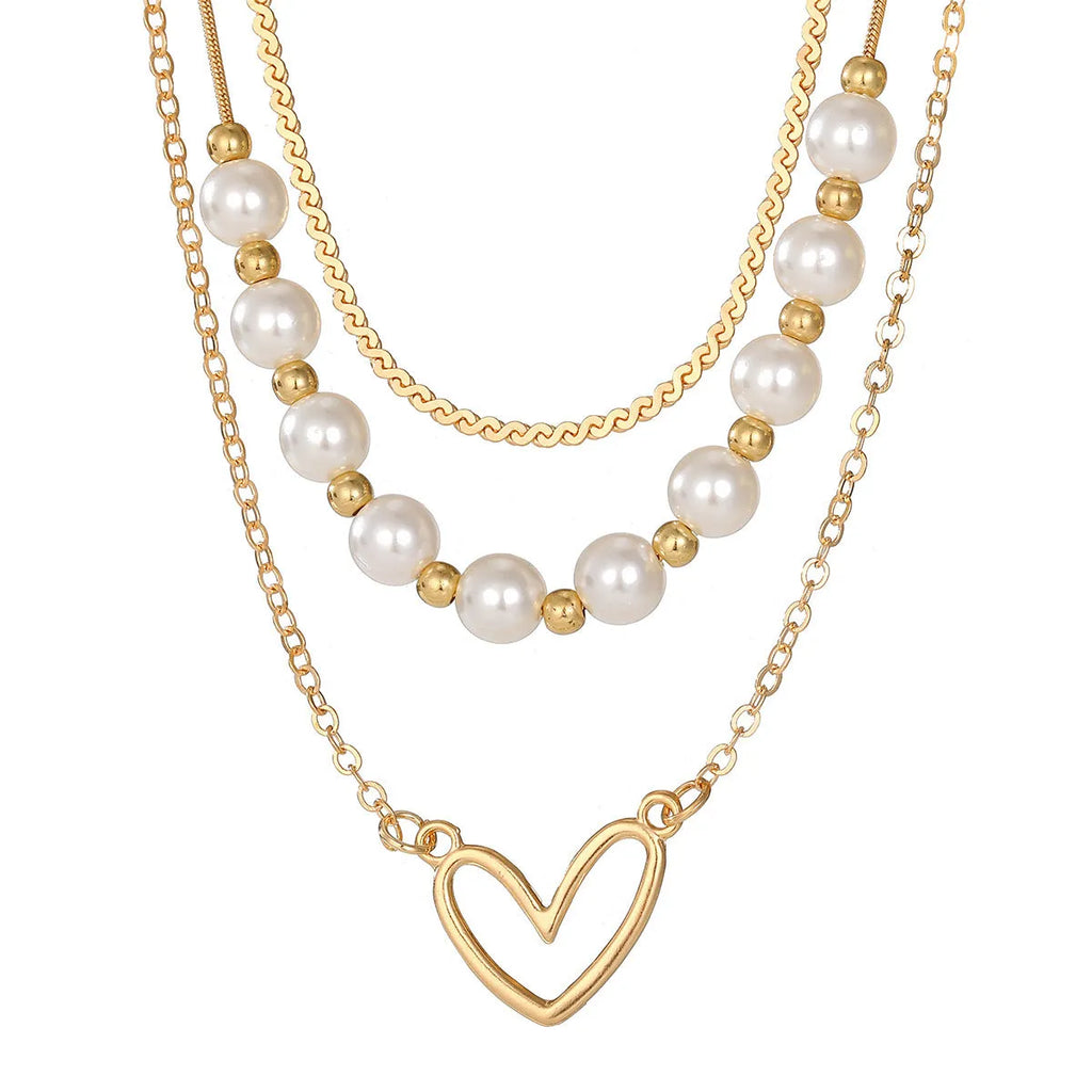 Vintage gold heart pendant necklace on pearl chain with adjustable 41-50cm length